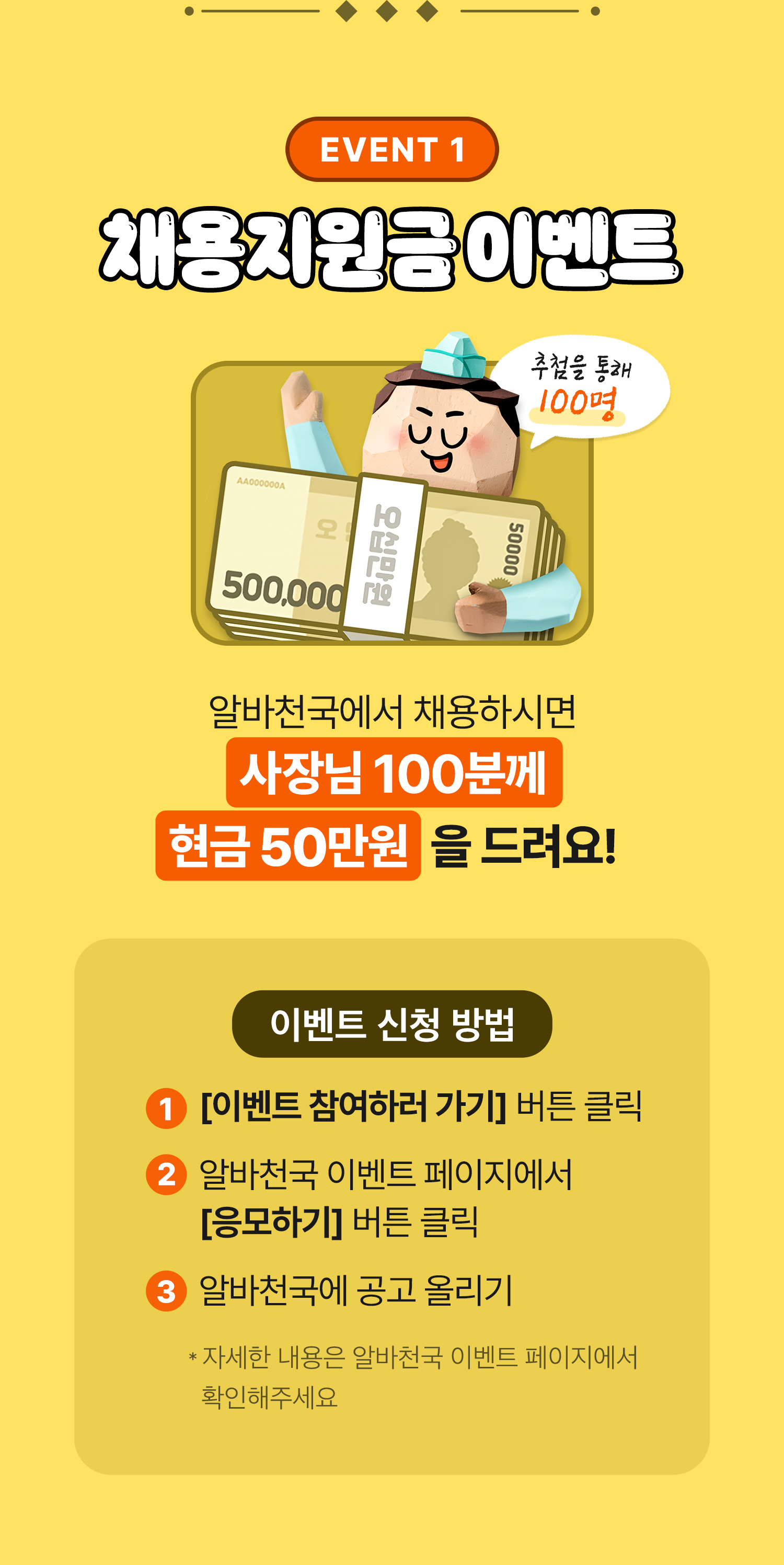 알바 채용하면 현금 50만원 지원! 100% 당첨 경품도 받아가세요