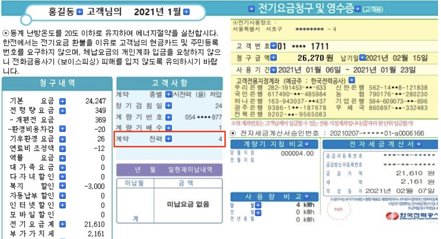 한전의 전기요금 고지서에 계약전력이 표기되어 있는 사진